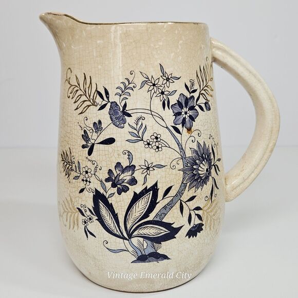 Antique English Ironstone Blue Pitcher Transferware Floral Stained Crazed Jug - Picture 12 of 13